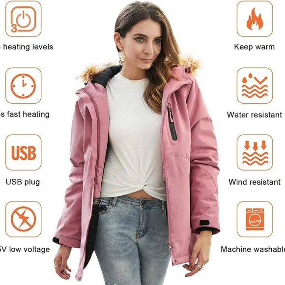 Pink Heated Jacket with Fur Hood - Picture 4 of 13